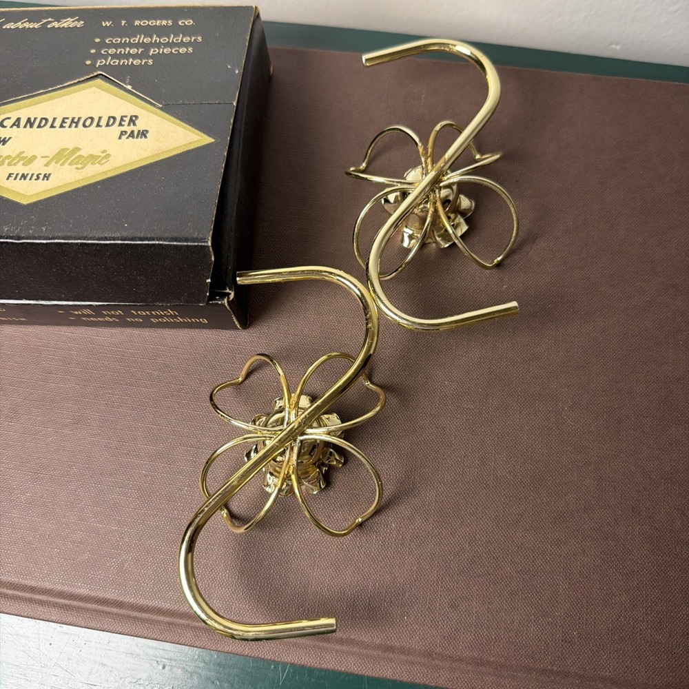 Vintage W.T. Rogers Gold Flower Lustro Magic Candle Holders MCM Boxed - Picture 7 of 13